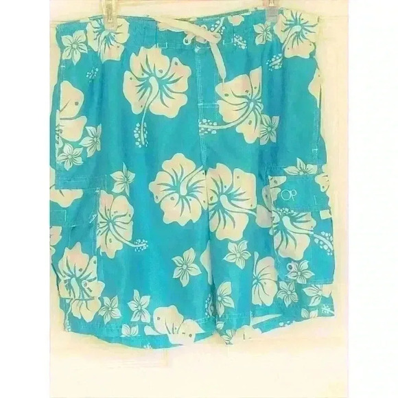 OP men's swim trunks board shorts 36-38 Large 4-pocket Hawaiian floral aqua blue - Picture 1 of 9